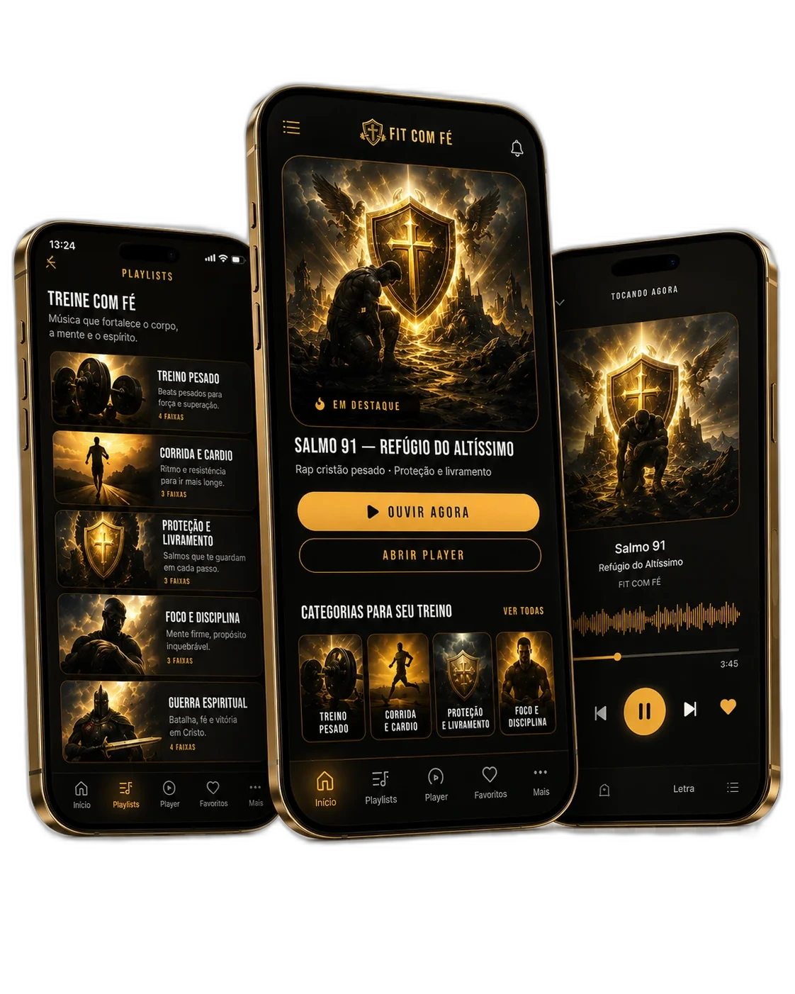Mockups do app FIT COM FÉ em três telas: playlists, destaque Salmo 91 e player tocando agora