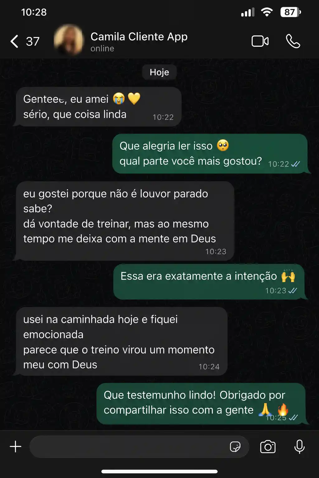 Conversa com Camila cliente do app